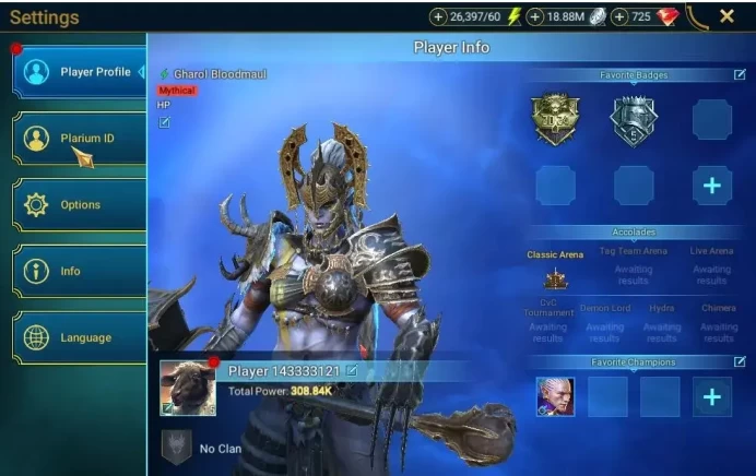 Lv 15|308K Power|1 Mythical (Gharol Bloodmaul)|22 Legendary(Alice, Ezio, Xenomorph, Etc)|725 Gems|18K Energy|Plarium(RSL1499)