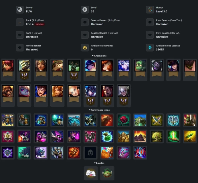 [EUW] [Hand Leveled & Deranked] [Untouched Loot] [Iron IV] - NO: 495827316