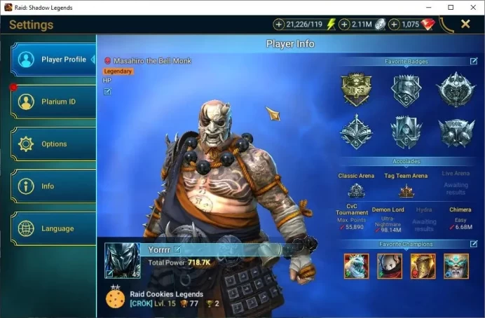 Lv 49|718K Power|23 Legendary(Alice,Ezio,Ninja,Wukong,Artax,Xenomorph,McAngelo,Etc)|2 Key UNM+1K Gems|21K Energy|Plarium|RSL1513