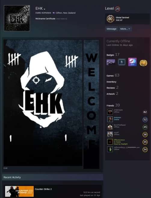 Steam Paid games 63 Game-CS2 Prime 513 hours+5Medals(2018-2025 Service Medal/5Y/Loyalty Badge/Global Offensive Badge)
