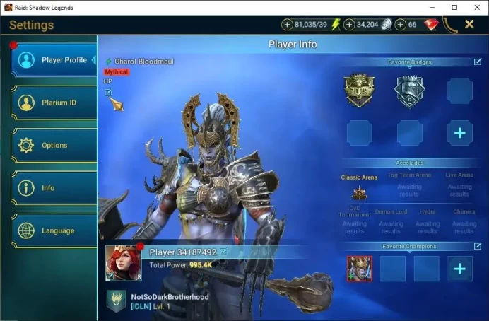 Lv6 995K Power|2 Mythic(Gharol Bloodmaul,Androc)|24 Legend(Ninja,Wukong,Alice,Rathalos,Xenomrph,Etc)|81K Energy|Plarium(RSL1508)