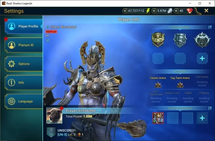 Lv42 1,3M Power|2 Mythic(Gharol,Androc)|24 Legend(Prince Kymar,Ninja,Alice,Ezio,Yakari,Rathalos,Etc)|67K Energy|Plarium(RSL1512)