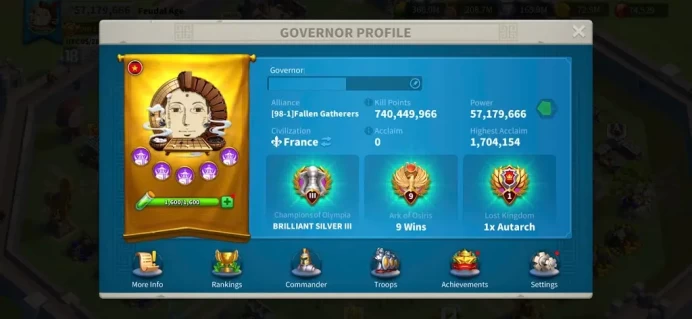 ROK2361: 57M - Vip 15 - 6 Commanders - 41 Passport - 74k Gems - 90 Gold Heads - 2 farm