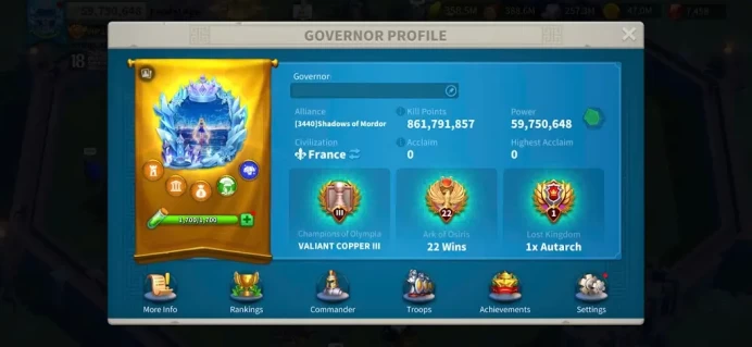 ROK2362: 59M - Vip 16 - 9 Commanders - 58 Passport - 7k Gems - 1431 Gold Heads - 1 Skin house - 4 farms