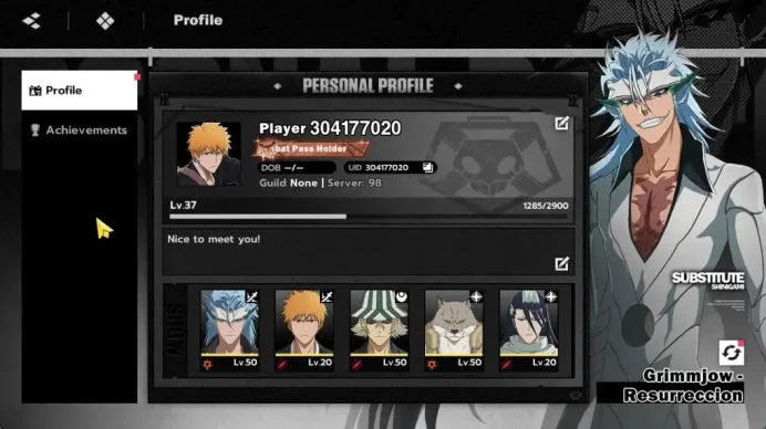 NuverseSEA|Lv37|5 SSR [Grimmjow Resurreccion,Sajin,Urahara,Ichigo]+Stamp,Byakuya|4 Sign|7,6K Jade|Take Email|Google|BSR1164