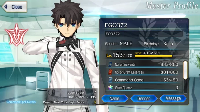 FGO372: NA | Lv153 | 2095 days| 48 SSR  66 WNP (Pendragon NP4 + 2 NP3 + 11 NP2) | 73+ CE MLB (Kaleid + Black Grail + Aerial) | 38 SSR Max Skills