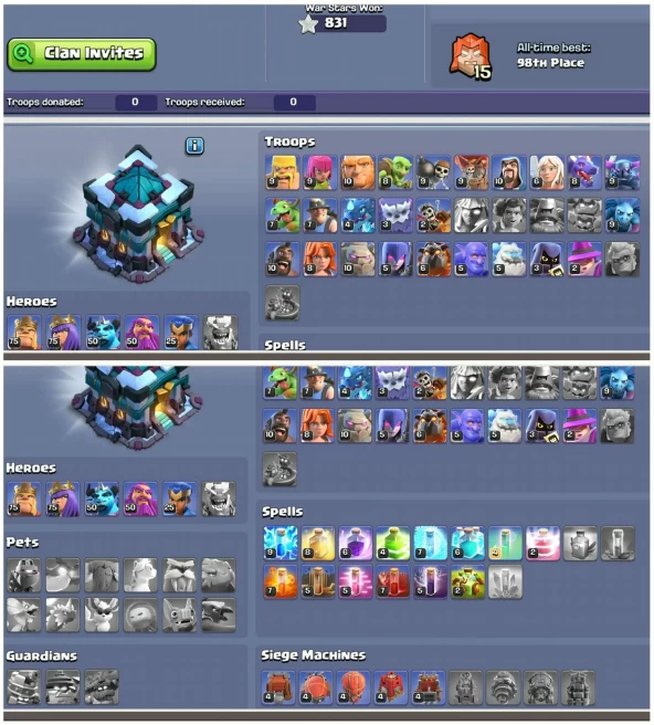 [6 Epic Max]||Th13 Full Max With 11 Epic||1906 Cwl Medals||6th Builders||Loaded Magic Items||2400 Gems||Exp:143