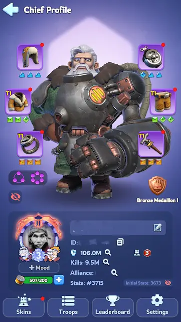WOS206-State 3715 | VIP 7 | 106M Power(Peak) | T10 Troop |FC 3 | 7M9 Squad | 1 March, 2 Avatar Skins | 9 SSR Heroes ( 2 Full Star + 4 Maxed Skil