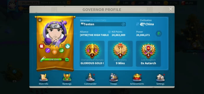20M Power - Offseason KVK 2 KD 3998 - Pyrrhus 5553(Almost Expertise), Cao Cao 5511 - VIP 12 - 58 Golden Heads - 44K Gems - 4 Passports #484