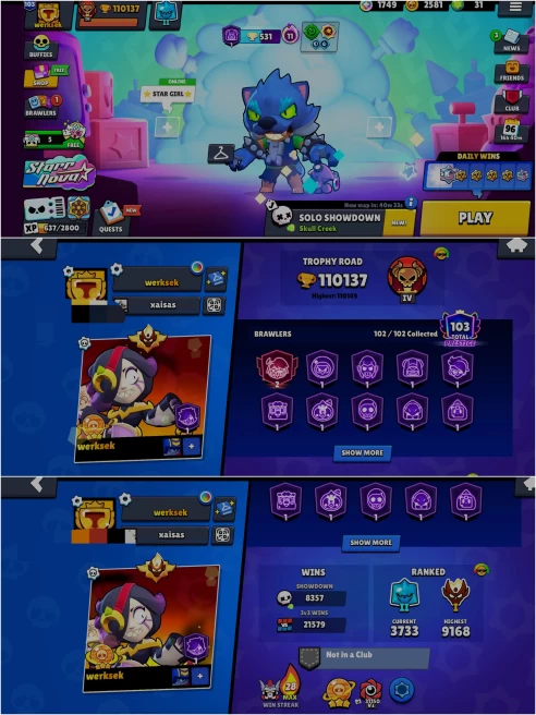 2019 BS 110.1k TROPHY,MASTERS ,103 PRESTIGE,21.5K+ 3v3 WINS,102/102 UNLOCKED,44 HYPER CHARGED,5 MAXED,378 OP SKINS,1072 PINS,572 ICON,303 SPRAY