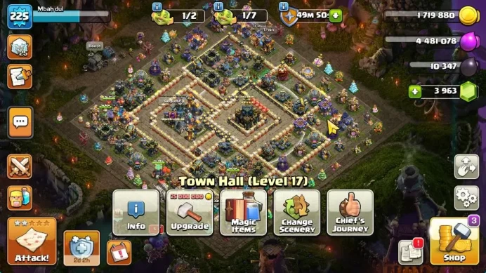 TH 17-BH 10|Near MAX|LV 225|HH 11|BK 73,AQ 83,GW 64,MP 65,RC 50,DD10,BM 30,BC 20|3,9k Gem|Many Skin|CN ON|Protect OFF|TA1262