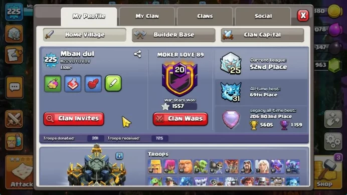 TH 17-BH 10|Near MAX|LV 225|HH 11|BK 73,AQ 83,GW 64,MP 65,RC 50,DD10,BM 30,BC 20|3,9k Gem|Many Skin|CN ON|Protect OFF|TA1262