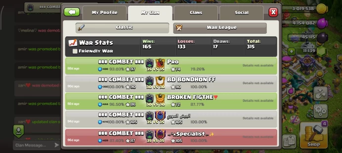 Name COMBET | CWL Master 3| Capital Hall LVL 8| Wins 166 _ Losses 133 