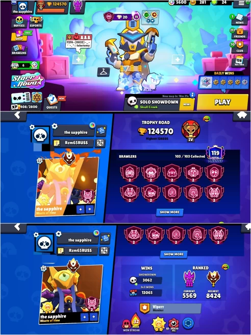 BEST BS 124.5k TROPHY, SOLAR FAME 2,MASTERS,119 PRESTIGE,13K 3v3 WINS,103/103 UNLOCKED,46 HYPER CHARGED,7 MAXED,360 OP SKINS,1113 PINS, 602 ICON