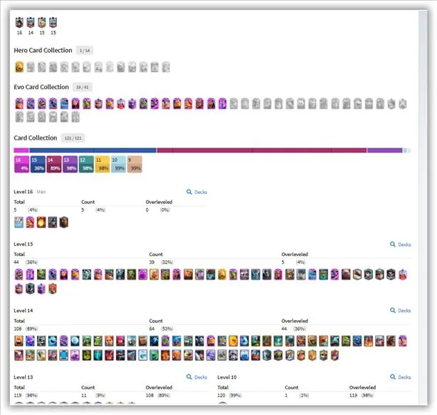 10 YEARS OLD ACC ll 23 EVO l 56 CARDS LVL 16 AND 14 ll 121 CARDS OPEN l KING TOWOER 15 ll EMOTESS : 86