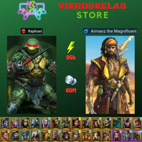 Starter acc with Raphael : 95k energy / 60 mln coins / Armanz, Arix, Ninja + 20 Login Legendaries / Maneater, Demytha