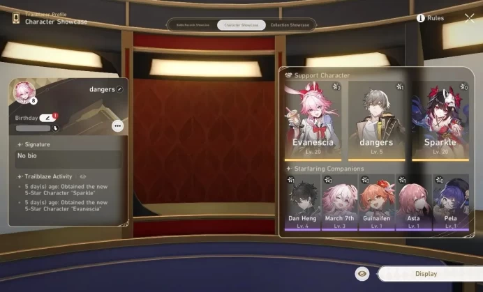 Asia | TL 8 | +1 Golden Companion Spirit | 2 Limited | Evanescia,Sparkle | MC Female | Take Mail | Check SS (HSR7154)