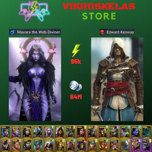 Starter acc with Mavara : 95k energy / 64 mln coins / Edward, Fu-Shan, Arix, Ninja + 20 Login Legendaries / Madame Serris