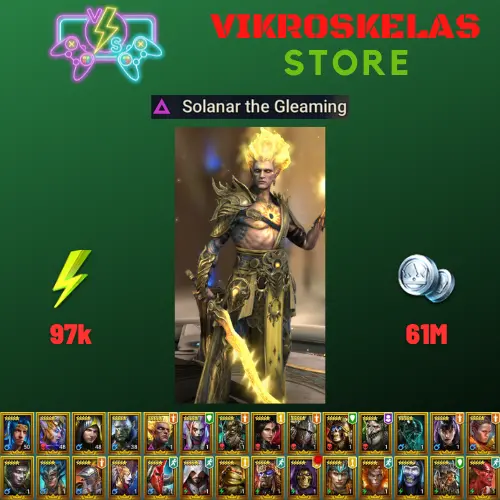 Starter acc with Solanar : 97k energy / 61 mln coins / Iron Brago, Lanakis, Lord Shazar, Arix, Ninja + 20 Login Legendaries