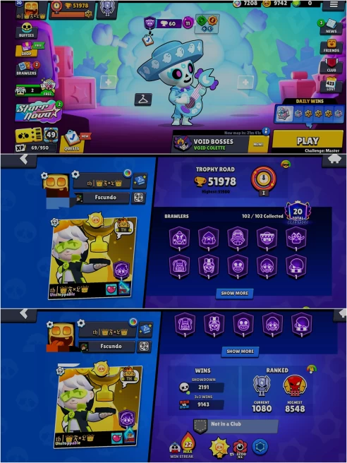 BS 51.9k TROPHY,SOLAR FAME 1,9.1k+ 3v3 WINS,102/102 UNLOCKED,54 HYPER CHARGED,3 MAXED,370 OP SKINS[16 MYTHIC+5 LEGENDARY+6 HC],966 PINS,578 ICON