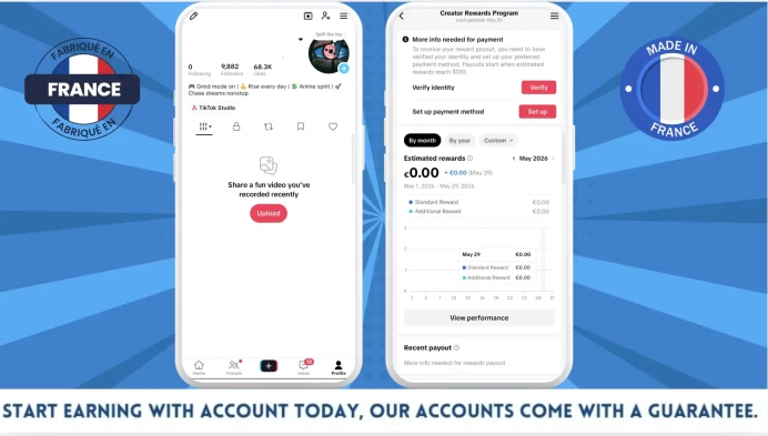100% Monetized France Account Creator Rewards Program Active | 9k Real Followers & 68k Likes | Real Screenshots + Full Access + Good Standing