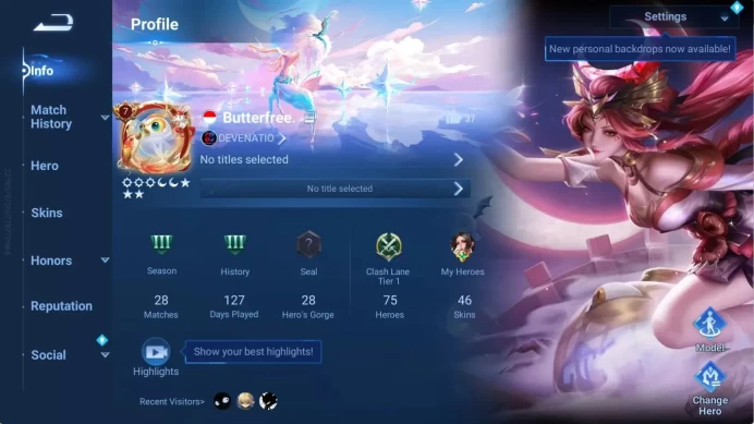Global|75H 46S |Bleseed [MaiShiranui,Charlotte], Nobility[Di Renjie,XiangYu,Zilong] ManyEpic&Rare Skin |TakeMail CheckSS HOK383B