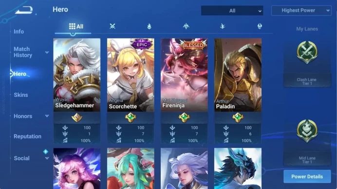 Global|75H 46S |Bleseed [MaiShiranui,Charlotte], Nobility[Di Renjie,XiangYu,Zilong] ManyEpic&Rare Skin |TakeMail CheckSS HOK383B