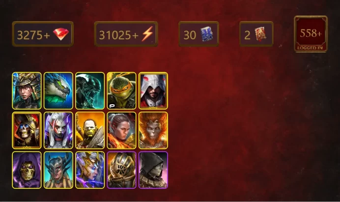 [STARTER]Harima+Dracomorph+Xenomorph+Michelangelo+Ezio Auditore+Deathknight+Visix+Artak+Ronda+Wukong+Skeletor+Scyl+22Epics