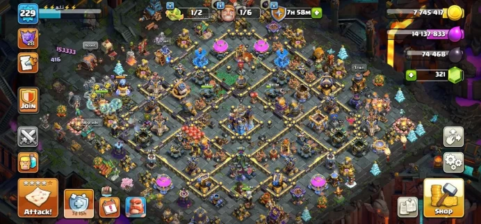 TH 18 Almost Max, 13 Equipment Epic 4 Lv Max, Defense Max, Wall Max, Hero Max, 1 Map Skin, 8 Hero Skin, Change Name 500Gems