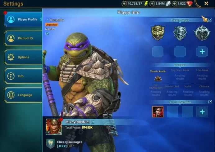 Lv 26|574K Power|15 Legend Combo Turtle(Donatello, Michelangelo)+(Sun Wukong, Loki, Ninja, Alice)|40K Energy|Plarium(RSL1527)