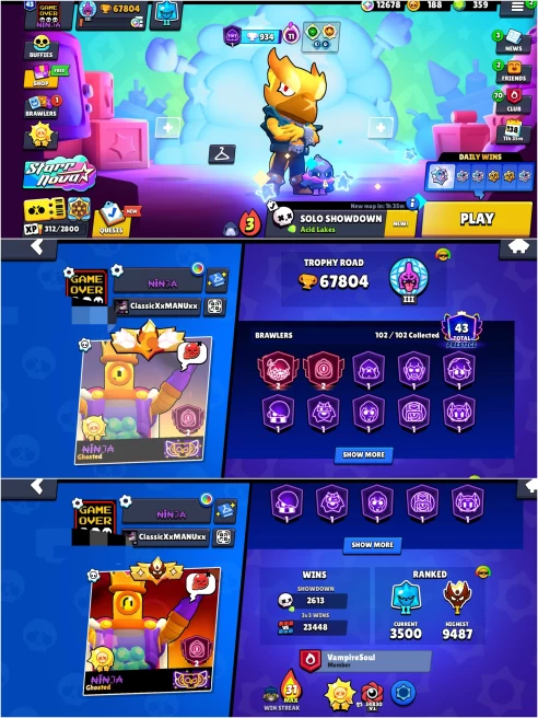 OP 2020 BS 67.8k TROPHY,MASTERS,23.4k+ 3v3 WINS,SOLAR FAME 2,102/102 UNLOCKED,65 HYPER CHARGED,2 MAXED,397 OP SKINS,1094 PINS,600 ICON,311 SPRAY