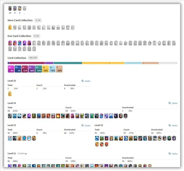 ( EMOTES : 63 ) 9 YEARS ACC ll 5 EVO ll KING TOWER 15 ll GEMS : 4427 l 120 CARDS OPEN