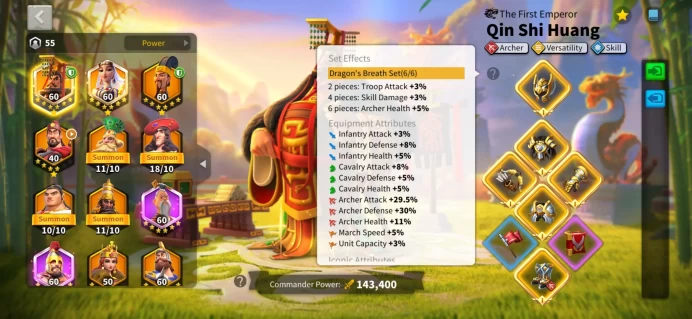 55M Power T5 Archer Specialist - Qin Shi Huang & Shajar al-Durr Max Skills - 1 Set Dragons Breath Legend Equipment - 750K+ T5 Archer Troops #490