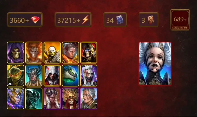 [STARTER]Queen Krixia+Dracomorph+Skeletor+Wukong+Artak+Ronda+Deathknight+Michelangelo+Scyl+Ezio Auditore+Visix+Deliana+29Epics