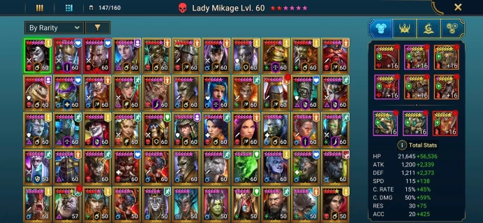 RSL723: LV85 -  Power 8,56M - 3 Mythic - 44 Champions LV 60 - 96  legend - 10 void