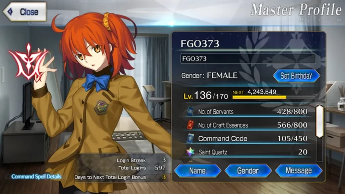 FGO373: NA | Lv136 | 597 days| BD changeable| 16 SSR | 30 WNP (Jeanne Summer & Artoria Archer NP5) | CE Black Grail + Kaleid | 15 SSR Ascensions