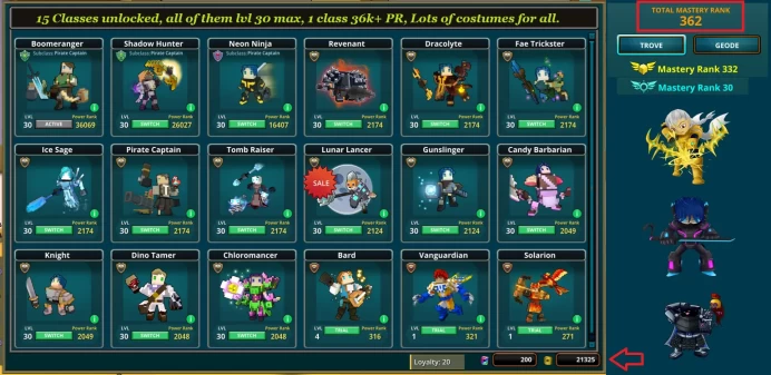 PC Trove Game Acc, 15 classes unlocked, all of them lvl 30 max, 1 class 36k+ PR, Lots of Dragons, Mounts, Wings + Lots of Items