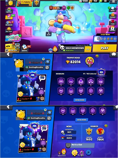 OP 2019 BS 82k TROPHY,SOLAR FAME 1,26.8k+ 3v3 WINS,97/102 BRAWLERS UNLOCKED,63 HYPER CHARGED,31 MAXED,296 OP SKINS,1072 PINS,467 ICON,237 SPRAYS