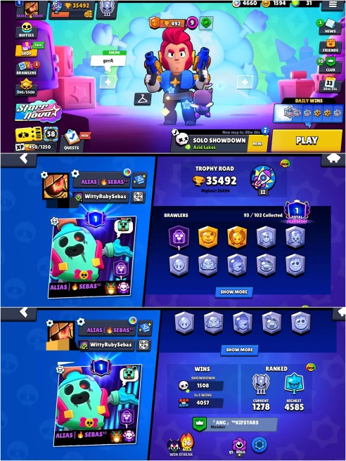 BEST BS 35.4k TROPHY, 93/102 UNLOCKED,13 HYPER CHARGED,6 MAXED,216 OP SKINS [7 MYTHIC+1 LEGENDARY+7 HC],534 PINS,379 ICON,207 SPRAYS