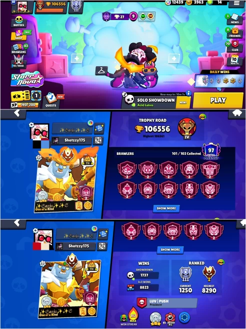 OP BS 106.5k TROPHY,MASTERS,97 PRESTIGE,8.8k+ 3v3 WINS, 101/102 UNLOCKED,18 HYPER CHARGED,290 OP SKINS,768 PINS,491 ICON,249 SPRAYS