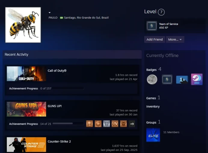 CS2 Prime 1637 hours+6Medals(2019-2020-2022 Service Medal/10 Year Birthday Coin/5Y/Global Offensive Badge)