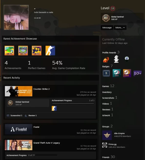13 Lvl Steam-10837 Primier Elo-CS2 Prime 273 hours+3Medals(Loyalty Badge/5 Year Veteran Coin/Global Offensive Badge)