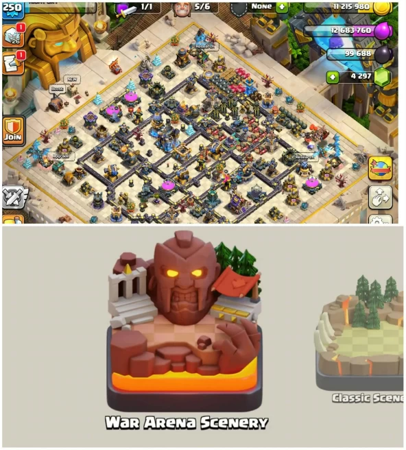 [War Arena Leauge Warden Skin]||Th18 Maxed Wall||5 Heros Max||1556 World Rank||16 Epic Equipment|1065 Cwl Medals|Exp:250