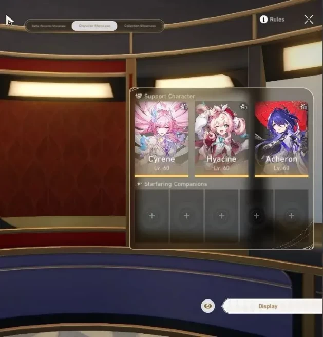 Asia|TL50|9 Limited|[Cyrene+Sign,Acheron,Dante,Archer,Robin,Hyacine,Firefly,Seele,Ruan Mei]|MC Male|Take Mail|Check SS|HSR7352