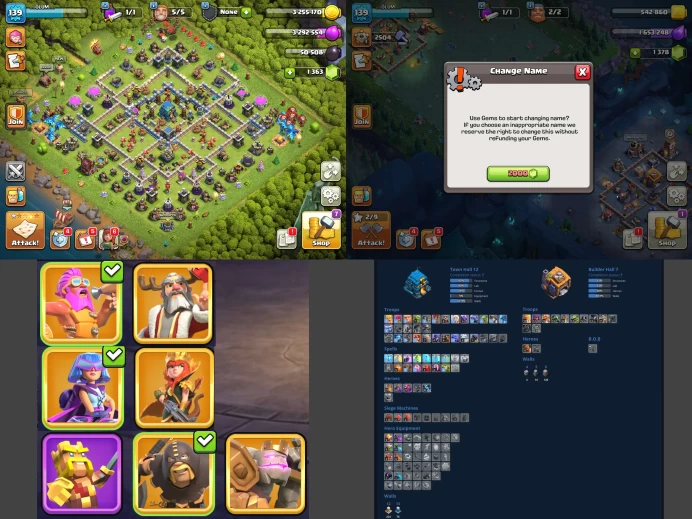 ■TH:12 (+75%) ■Heroes: K57 Q58 P30 W27 ■Skins:7 ■Gems:1162 ■BH:7 ■Full Access ■Instant Delivery ■A6280