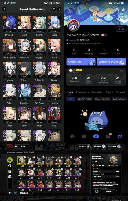 All platform - EU - Level 58 - 25 Character 12 5'Star - 8 Engine 5'star - 7 Bangboo 5'Star - Miyabi - Promiea - Sunna - Lucia - Zhao - 1678 