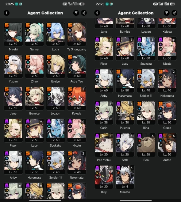 All platform - EU - Level59 - 30 Character 17 5'Star - 11 Engine 5'Star - 17 Bangboo 5'Star - Miyabi - Ye Shunguang - Yixuan - Sunna - Jane - 16