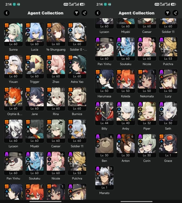 All platform - EU - Level 59 - 33 Character 20 5'Star - 9 Engine 5'Star - 10 Bangboo 5'star - Miyabi - Ye Shunguang - Sunna - Jane - Yixuan - Lu