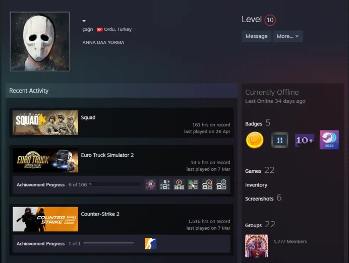 22Game-CS2 Prime 1516 hours+9Medals(2018-2019-2020-2026 Service Medal/10Y/5Y/Premier Season Three Medal/Loyalty Badge/Off Badge)