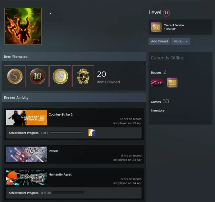 33Game-11 LVL Steam-CS2 Prime+4Medals(10Y/5Y/Loyalty Badge/Global Offensive Badge)+21 Years of Service Steam